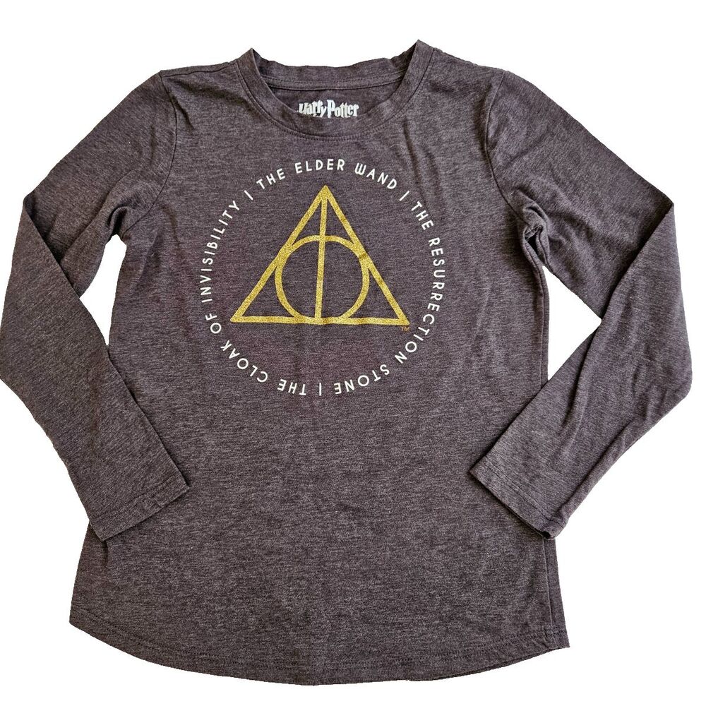 Harry Potter Deathly Hallows Shirt Youth Large 10-12 Gray Long Sleeve Tee